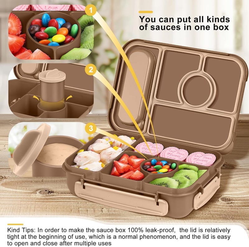 Amathley Bento Box Adult Lunch Box Kids,Lunch Containers for Adults/Kids/Toddler,5 Compartments Bento Lunch Box with Sauce Vontainers,Microwave & Dishwasher & Freezer Safe,BPA-Free (Brown) - Image 4